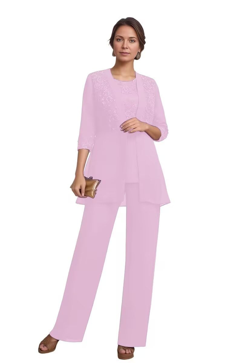 3 Piece Pant Suits for Women Dressy - 3 4 Sleeve Chiffon Long Sequin Lace Applique Wedding Mother