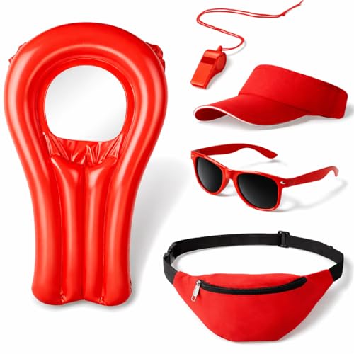 1 x salvage board floatation device inflatable for carnival accessory lifeguard for the costume for men and women - 1 x red whistle as lifeguard swimmer on the beach and swimming pool, 1 x red cap with Velcro for the head hat to cover up for the men's costume muscle costume - 1 x red waist bag with zipper to hang around / 1 x sunglasses for men and women