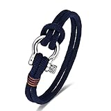 BIYONGDE Mens Womens Nautical Sailor Navy Blue Rope Bracelet, Two-row Friendship Bracelet with Steel Screw Anchor Shackles