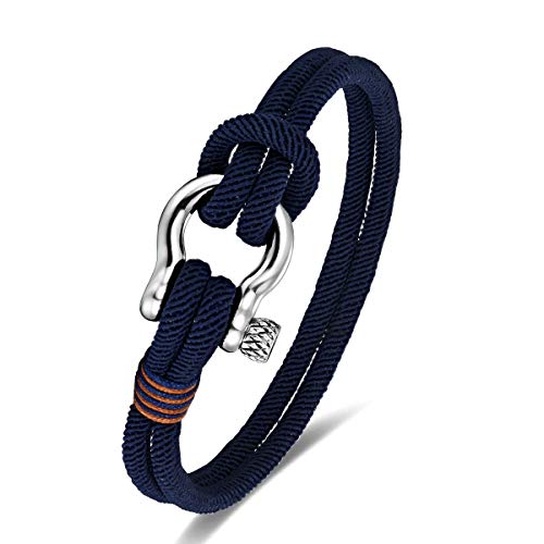 Mens Womens Nautical Sailor Rope Bracelet, Two-row Friendship Bracelet with Steel Screw Anchor Shackles