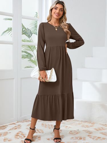 Women's Casual Long Sleeve Midi Dress 2024 Fall Crewneck A Line Tiered Flowy Loose Trendy Dresses with Pockets4