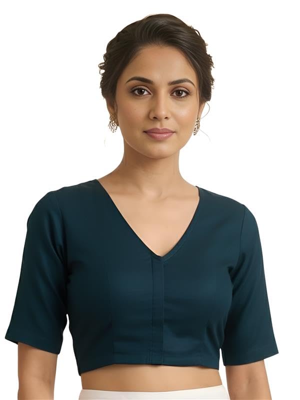 Image of Yash Gallery Women's Stretchable Rayon Lycra V-Neck Short Sleeve Front Open with Hook Stylish Crop Blouse Top for Ethnic Beige Designer Festive Choli Blouse