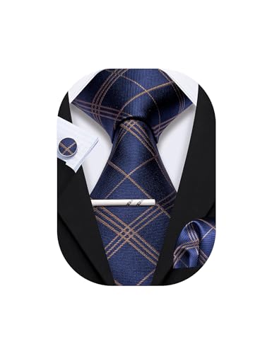 Image of YOHOWA Men Plaid /Striped Ties Set Silk Business Wedding Formal Fashion Necktie and Pocket Square Cufflinks Set