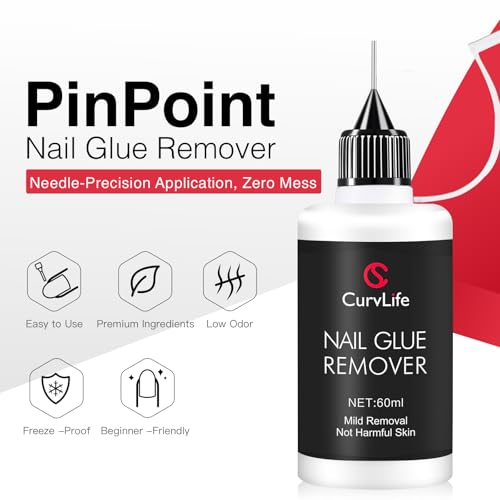 Image of Curvlife Pinpoint Nail Glue Remover for Press on, 60ml Nail Remover for Nails Tips, Gentle Glue Remover for Gel x Nails, Non-Acetone Nail Polish Remover