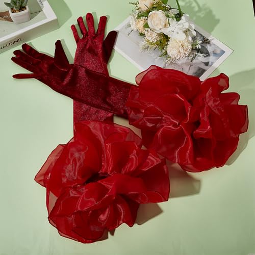 Dark Red Opera Party Gloves Long Vintage Soft Satin Velvet Costume Formal with Polyester Ruffle Tulle Cuff Elbow Length Arm Sleeves Glove for Women Prom Banquet Dancing Dress Gift3