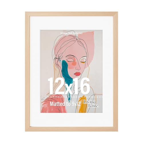 LIVINGTASTE 12x16 Picture Frame with Mat for 9x12 Wooden 12x16 Frames Natural Solid Wood Veneer 12 x 16 Frames with Shatterproof Plexiglass 16x12 Picture Frame for Gallery Wall Photo Home Decor 1 Pack