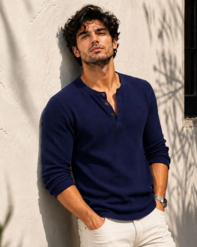 Image of AUSK Men's Waffle Knit Henley T-Shirt | Cotton Blend Full Sleeve Textured Casual T Shirt | Regular Fit Button Placket Round Neck Tshirt for Men