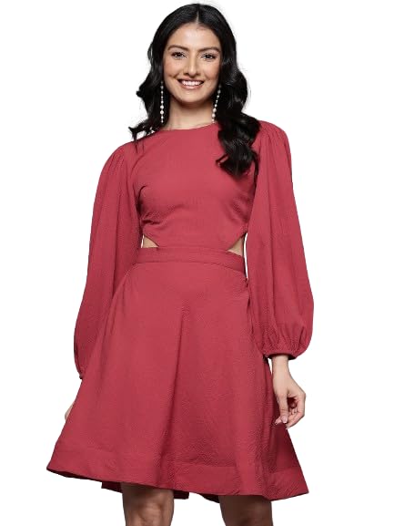 varanga Women Rust Round Neck, Cut-Out Detail On Waist, Knee Length Dress-picture-19