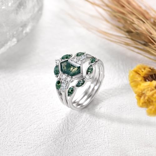 2.5 Carat(ctw) Elongated Hexagon Natural Moss Agate Engagement Rings Sets for Women,10K 14K 18K Solid Gold Moissanite Leaf Wedding Bands Sets with Free Engraving | IGI or GRC Certificate3