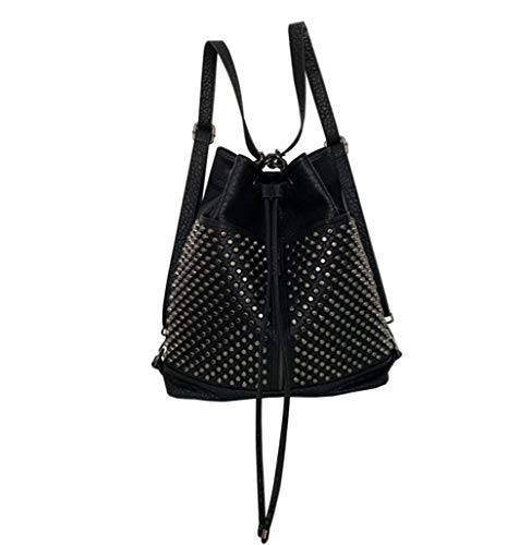 Chikencall Over-size Studded Bucket Bag for Women,3 Ways Multifunction Backpack Vegan Leather Punk Rock Rivet Large Shoulder Bag Crossbody Bag Black2