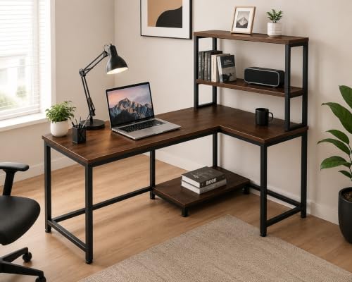 Image of Reversible L Shaped Computer Table with Storage Shelves | Rustic Brown Wooden Study Desk with Black Matte Metal Frame | Home Office Workstation | Writing Desk for Laptop & PC| 130x50x150 cm