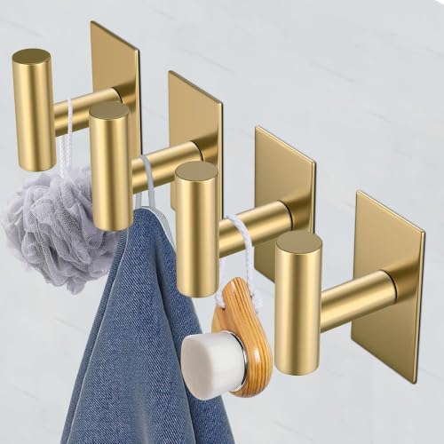 Image of VAEHOLD Wall Towel Hooks, Heavy Duty Sticky Holder Waterproof Towel Hooks for Hanging Coat, Clothes, Closet Hook Wall Mount for Kitchen (Gold, 2 Pack)