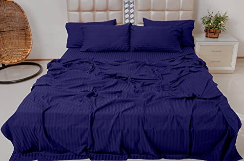 Just Cotton Plus 100% Crisp Cotton Sheets Queen Size, Damask Stripe Navy Blue, 4 Piece - 1Flat, 1 Deep Pocket Fitted Sheet And 2 Pillowcases, Fade Resistant, 360° Elastic, Shrink Resistant #TOP1