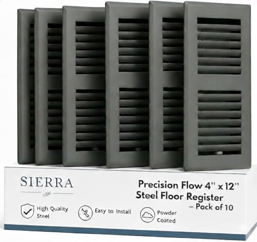 Image of 4 inch x 12 inch Grey Floor Register 2 Way - Stamped Face Steel Vent Cover, HVAC Floor Grille for AC Heat, Fits 4x12 Duct Opening, Heavy Duty Metal Register, 10 Pack