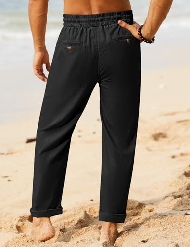Image of iWoo Linen Pants Men Casual 2025 Summer Beach Elastic Drawstring Waist Yoga Pants Travel Baggy Work Pant Pajama