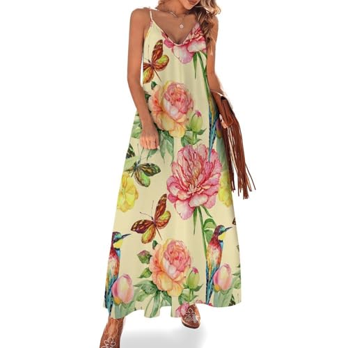 Robe maxi sans manches fluide et légère avec imprimé oiseau papillon jaune