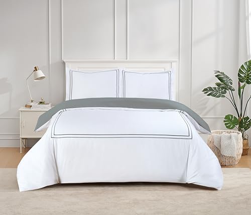 Majestic Giftware Madison Linen 8-Piece 48" Full Size Duvet Bedding Set (BL50-48F-2) | Flora Hotel Collection-White-Gray Embroidery 400 TC Cotton Sateen |2 Fitted Sheets, 2 Duvets, 4 Pillowcases