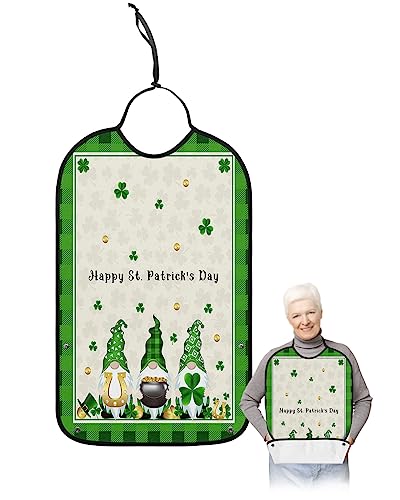 St. Patrick's Day Adult Bibs for Eating, Waterproof Bibs with Food Catcher & Adjustable Snap Closure, Green Black Checkered Board Gnomes Lucky Clover Gold Clothing Protectors Adult Bibs for Elderly
