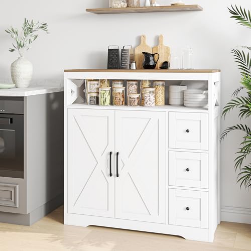 Aparador escandinavo, gabinete de cocina de 100 cm de ancho con cajones y estante abierto, gabinete de cocina con cajones y puertas, aparador de cocina con encimera, (blanco, el armario de tres