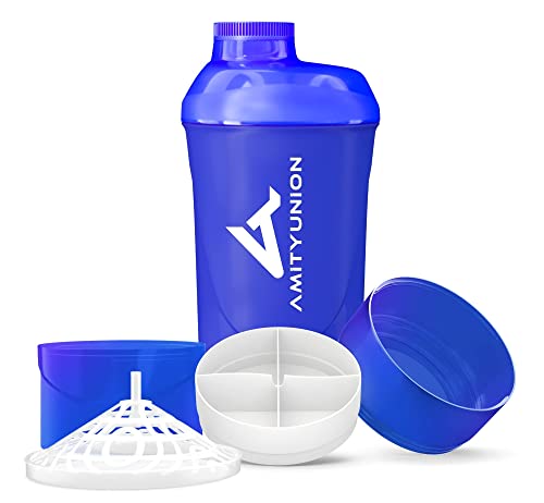 Eiweiß Shaker Deluxe 700 ml mit Sieb - ORIGINAL Fitness Mixer - Protein Shaker auslaufsicher - BPA frei, Mit Skala für cremige Whey Proteinpulver Shake Laktosefrei und BCAA Kapseln in Dunkelblau Cup