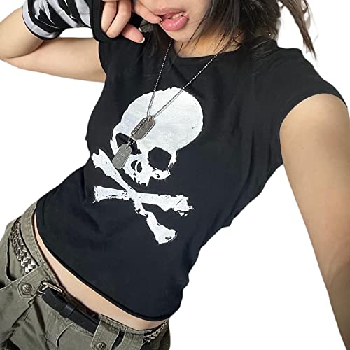 Women's Gothic Crop Tops Skull Print Short Sleeve Round Neck T-Shirt Basic Summer Graphic Tee Y2k E-Girl Grunge Shirts3