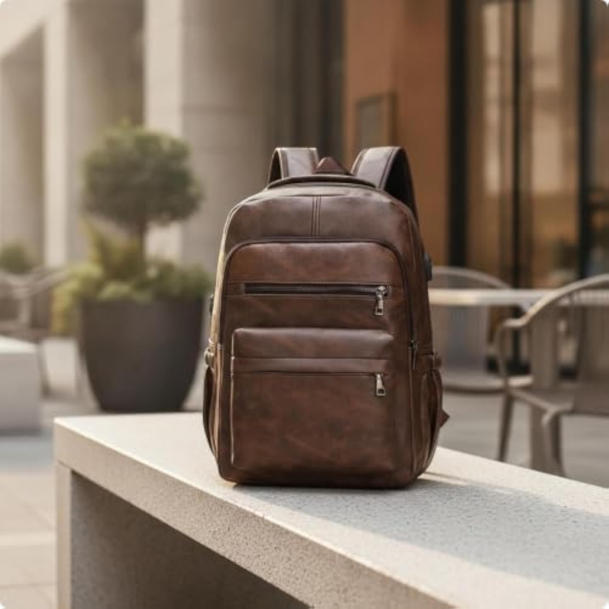 Waterproof Leather Laptop Backpack, Dark Brown