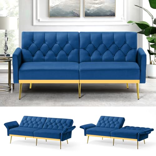 Image of Velvet Sofa Bed w /Adjustable Armrests & Backrests, Blue