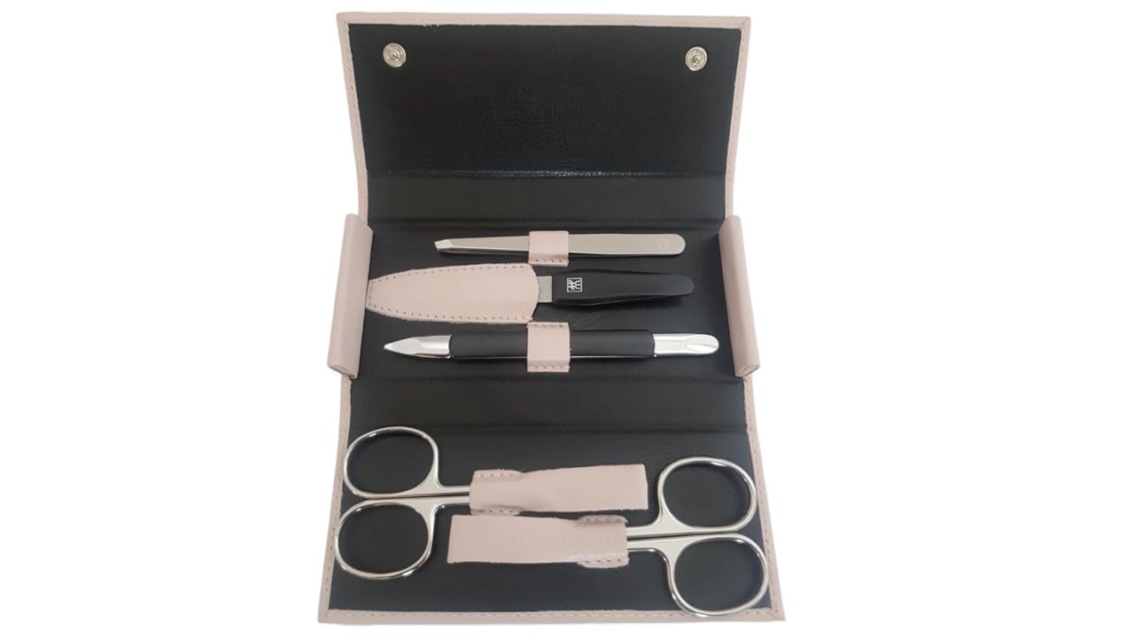Zwilling – Maniküre Set 5-teilig - Manicure - Nagelschere - Pinzette - Nagelpflege - Druckknopf-Etui - Leder-Etui - 13,8 x 6,5 x 2,5 cm - altrosa