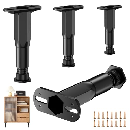 Lot de 4 pieds de meubles réglables en hauteur avec vis - Pieds réglables en hauteur de 15 à 27 cm - Pour commode, lit, canapé, armoire, noir