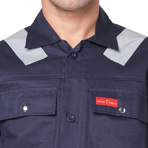 Image of Men's 100% Cotton Industrial Workwear Jacket & Pant Set with Reflective Tape, OEKOTEX, 200 GSM.