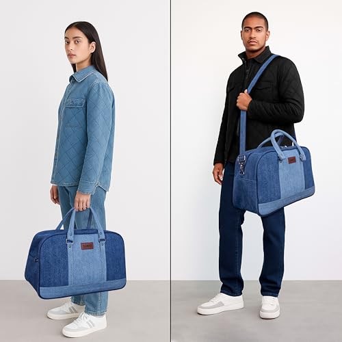 Image of Zainto Denim Duffel Bag for Men & Women | Stylish Weekender Travel Cabin Bag | Durable Denim Fabric with Shoulder Strap, Spacious Luxury Bag 7kg Flight