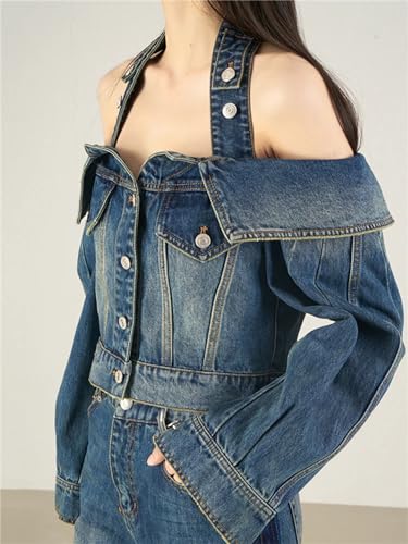 Women Spring Summer Halter Off Shoulder Long Sleeve Single Breasted Hollow Out Denim Jacket2