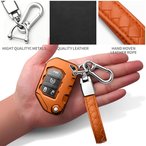 Image of Compatible with Jeep Key Fob Cover with Leather Keychain Soft TPU Protection Key Case for 2018-2026 Wrangler JL JLU Rubicon Wagoneer Gladiator JT Sahara JLU Remote Key (Orange)