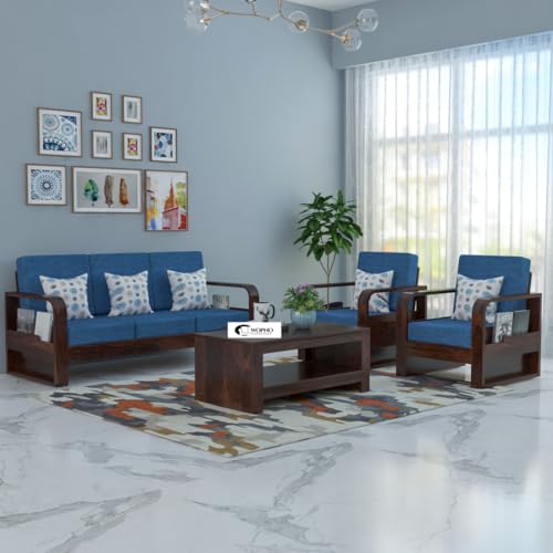 Image of Solid Sheesham Wooden 5 Seater Sofa Set for Living Room | Sofa Set with Side Pocket Storage & Cushion | Rosewood Sofa Set for Home (Walnut with Blue Cushion, 5 Seater)