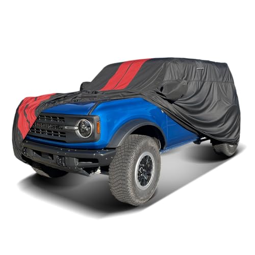 Image of Coverland Custom SUV Car Cover Waterproof All Weather for 2021-2026 Ford Bronco 2-Door, Weatherproof Car Covers for Automobiles, Rain, Snow, UV, Sun Protection, Stripe(Black /Red)