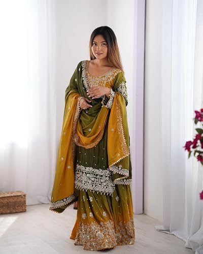 Image of Pandadi Saree Women's Chinon Silk Embroidery Kurta Sharara Set With Dupatta.
