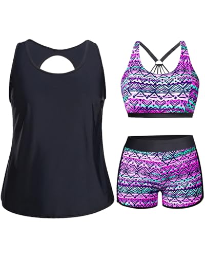 Image of Holipick Women Plus Size Swimsuits - Athletic 3 Piece Tankini with Shorts