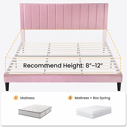Sha Cerlin Full Size Vertical Channel Platform Bed Frame/Velvet Upholstered Bed Frame With Headboard/Strong Wood Slats Support/Mattress Foundation/No Box Spring Needed/Pink #TOP4
