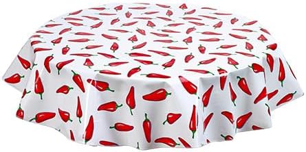 Round Freckled Sage Oilcloth Tablecloth in Chilis on White (47")