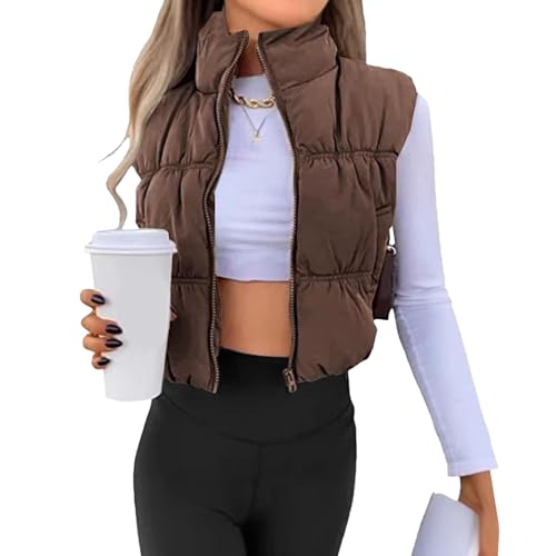 Zip Up Crop Puffer Vest Lightweight Sleeveless Winter Warm Outerwear Fall Padded Coat for Women