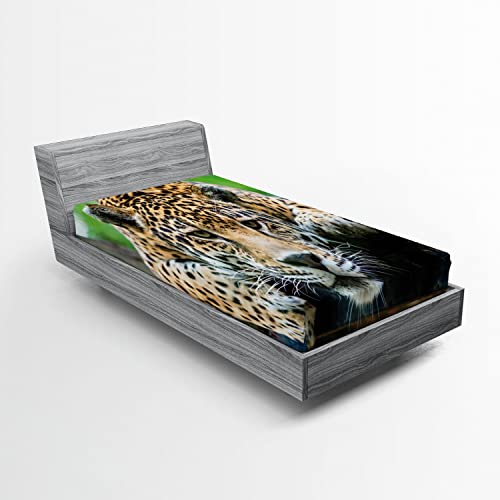 Ambesonne Jungle 2 Pack Fitted Sheet, Jaguar Wildcat Feline, Bed Cover All-Round Elastic Deep Pockets 2 Pieces, Package Contains 2 Twin Size Fitted Sheets, Green Orange