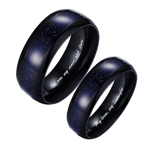 Personalized Promise Rings for Women/Men, Custom Promise Rings for Her, Promise Rings for Couples, Matching Couple Rings for Him and Her, Blue Sandstone Filled Wedding Engagement Ring 8mm/6mm Bands