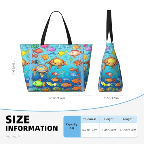 Turtle and Fish Large capacity beach bag with zipper, perfect for grocery bag pool gym travel shopping foldable beach travel bag,4