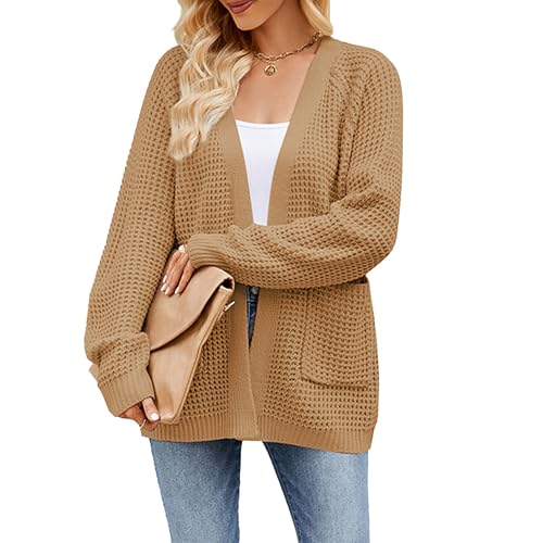 Cardigan Sweater for Women 2024 Fall Open Front Long Sleeve Coat Loose Lightweight Knit Chunky Sweater with Pocket (Medium,Khaki)