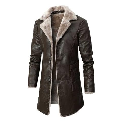 Generisch Abrigo de cuero vintage para hombre Chaqueta larga de piel sintética de invierno con cuello de piel sintética gruesa gabardina de invierno abrigo de hombre con cuello de solapa abrigo corto