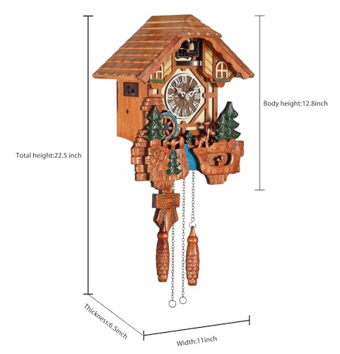 Kintrot Cuckoo Clock for Wall, Handcrafted Wooden Tratditonal Black Forest Chalet Clock with Cute Singing Bird, Rotatable Waterwheel,Squirrel,Deers and 12 Melodies - Image 4