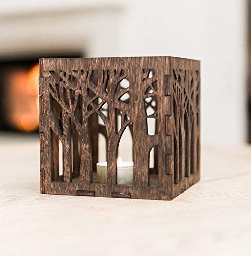 Wooden Candle Lantern 4.3x4.3x4.3 inches - Wooden Candle Holder - Rustic Candle Holder - Brown Lasercut Candle Holder - Wooden Tealight Lantern