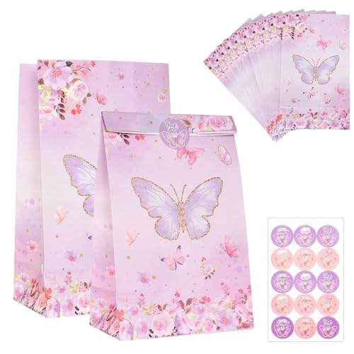 10 Stück Schmetterlings-Geschenktüten (13 x 8 x 22 cm), Kreative Blumen-Partytüten, Bunte Papiertüten mit 1 Verschlussaufkleber, Ideal für Weihnachten, Babypartys und Mitgebsel für Kinder (Lila)
