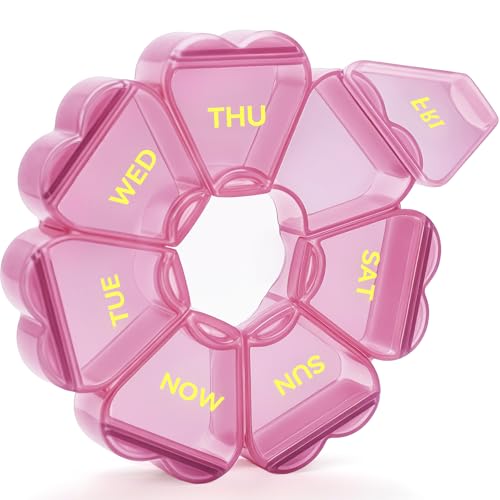 Pill Organizer Weekly - Cute Medicine Pill Organizer 7 Day Large Daily Pill Box for Travel SHIJOINYU Pill Dispenser Case 1 Time a Day for Medication/Supplement/Fish Oil (Pink)