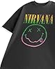 Nirvana Black Graphic Tee | Unisex Rainbow Band Logo Short Sleeve T-Shirt | Crew Neck Cartoon Icon Top | Music Streetwear Merch - Large #5